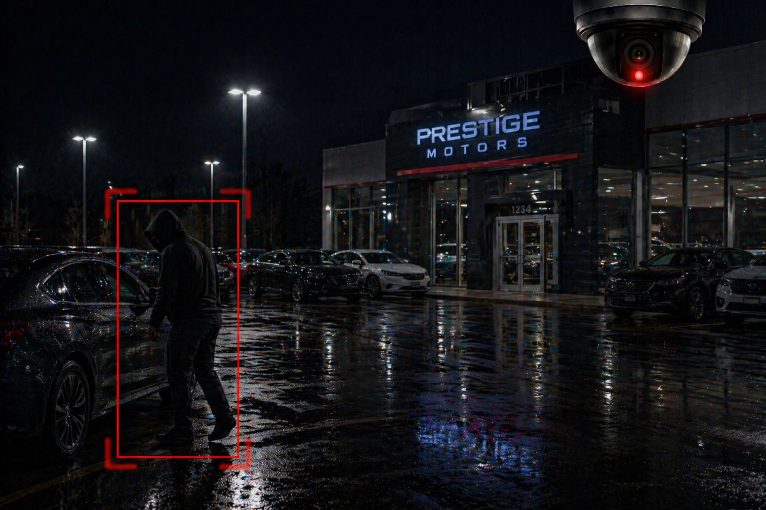 A trespasser is walking up to a car at a new car dealership and is obviously up to no good.