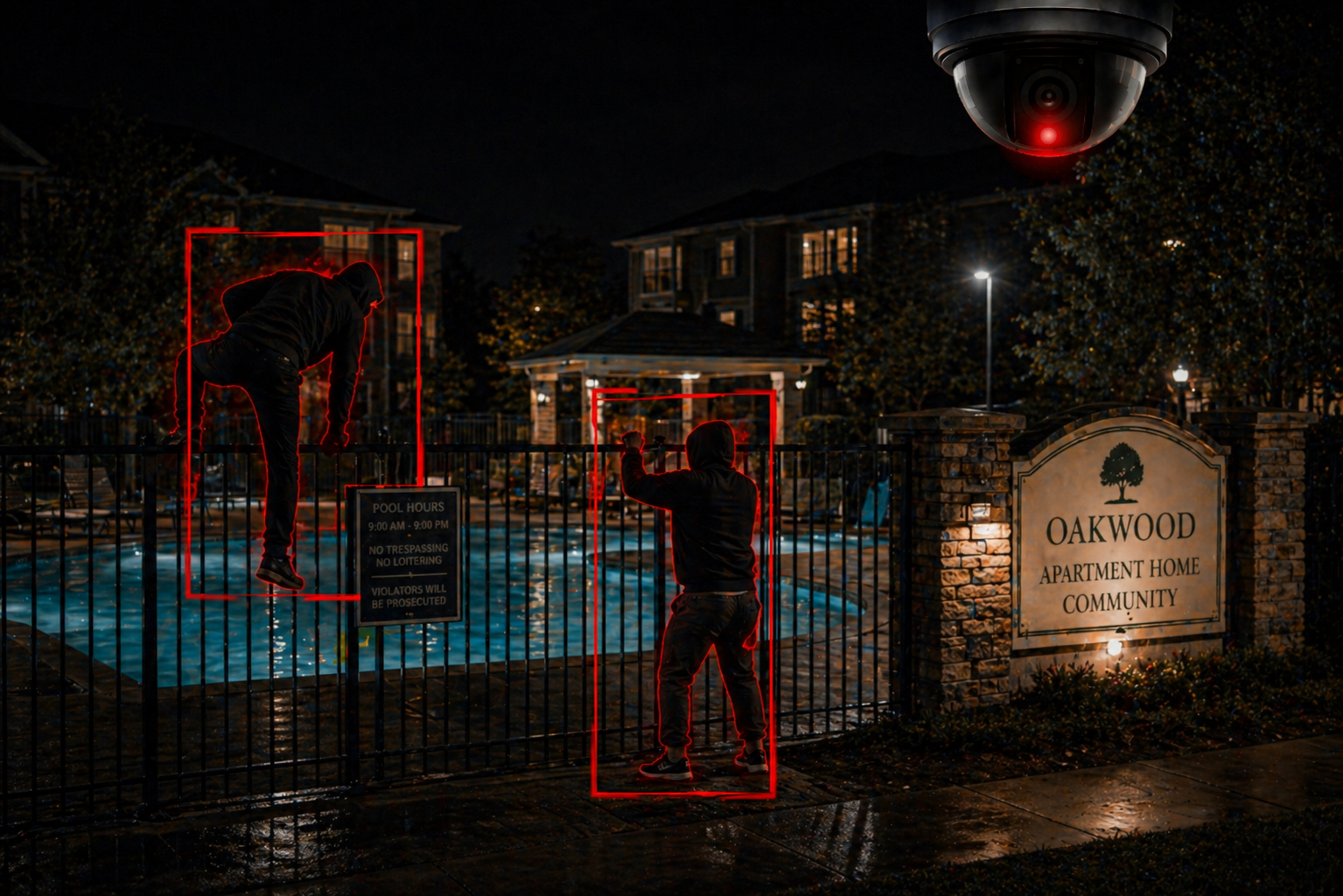Two trespassers at an Apartment Home Community are trying to get into the pool after hours.