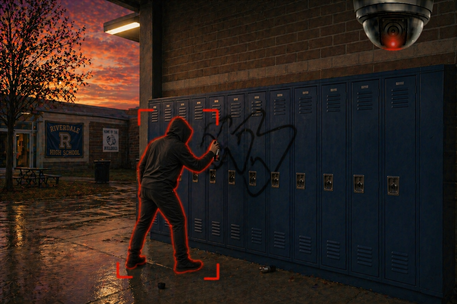 A person is spray painting the lockers at a school.