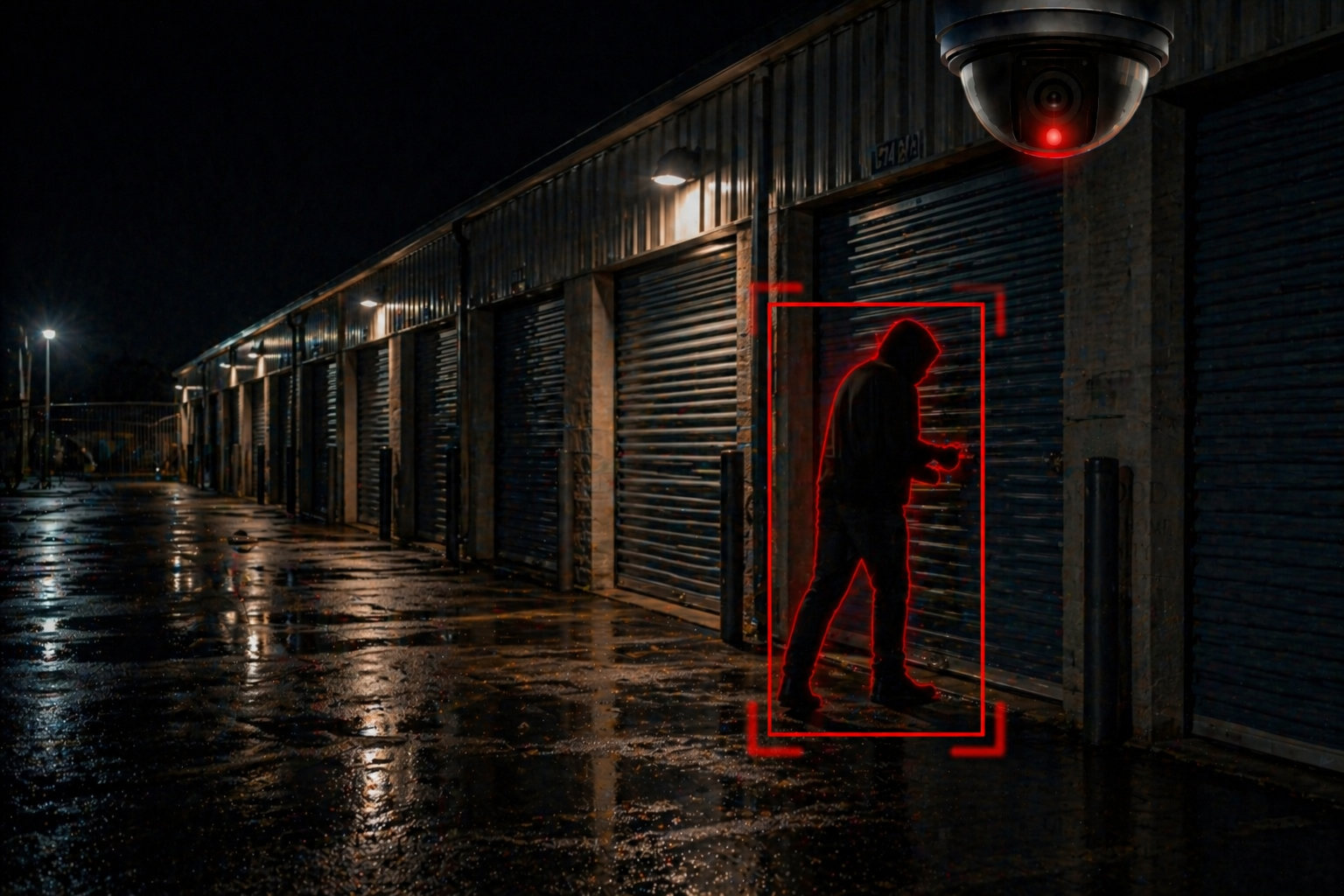 A trespasser is trying to break into one of the outside self storage bays at night.