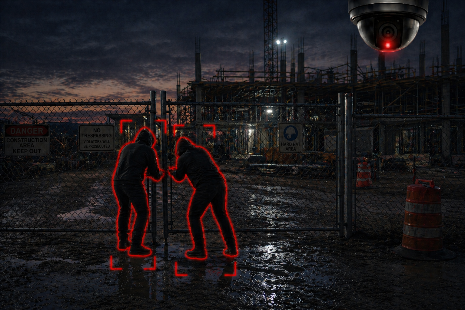 Two guys are trying to break into the gate of a construction site at night.